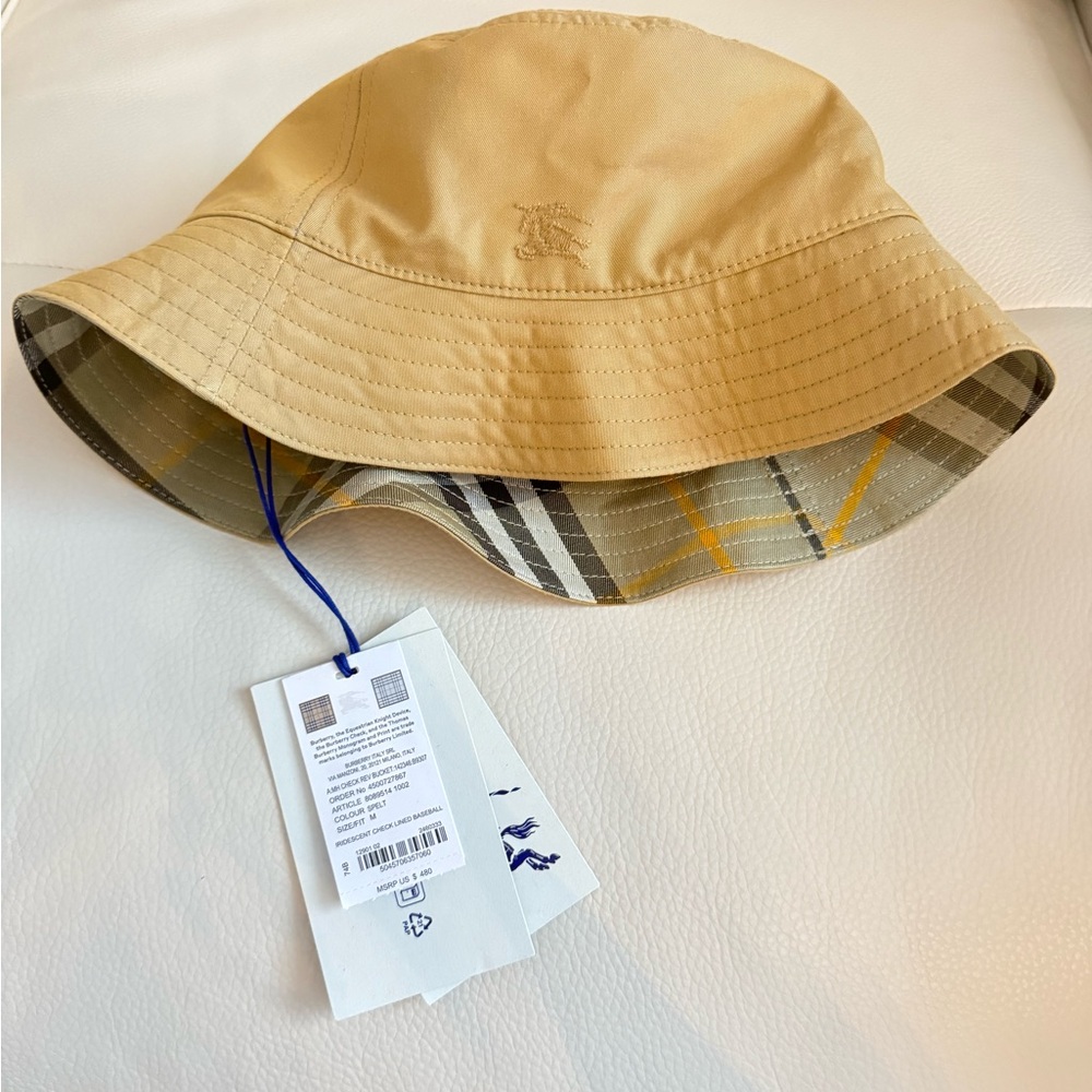 Burberry Tan Bucket Hat with Iconic Check Design